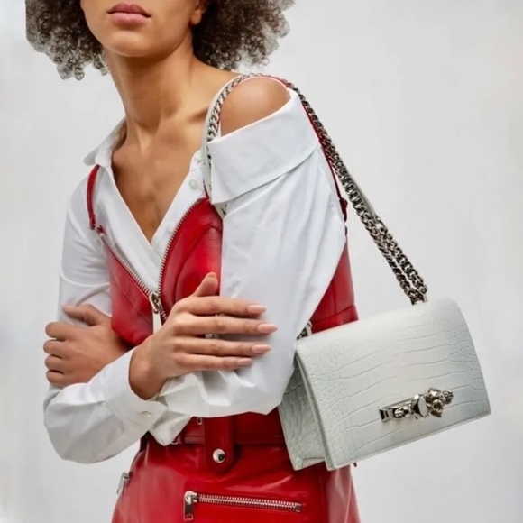 Alexander Mcqueen Ivory Grey Croc Embossed Shoulder Bag New With Tags - Picture 4 of 16